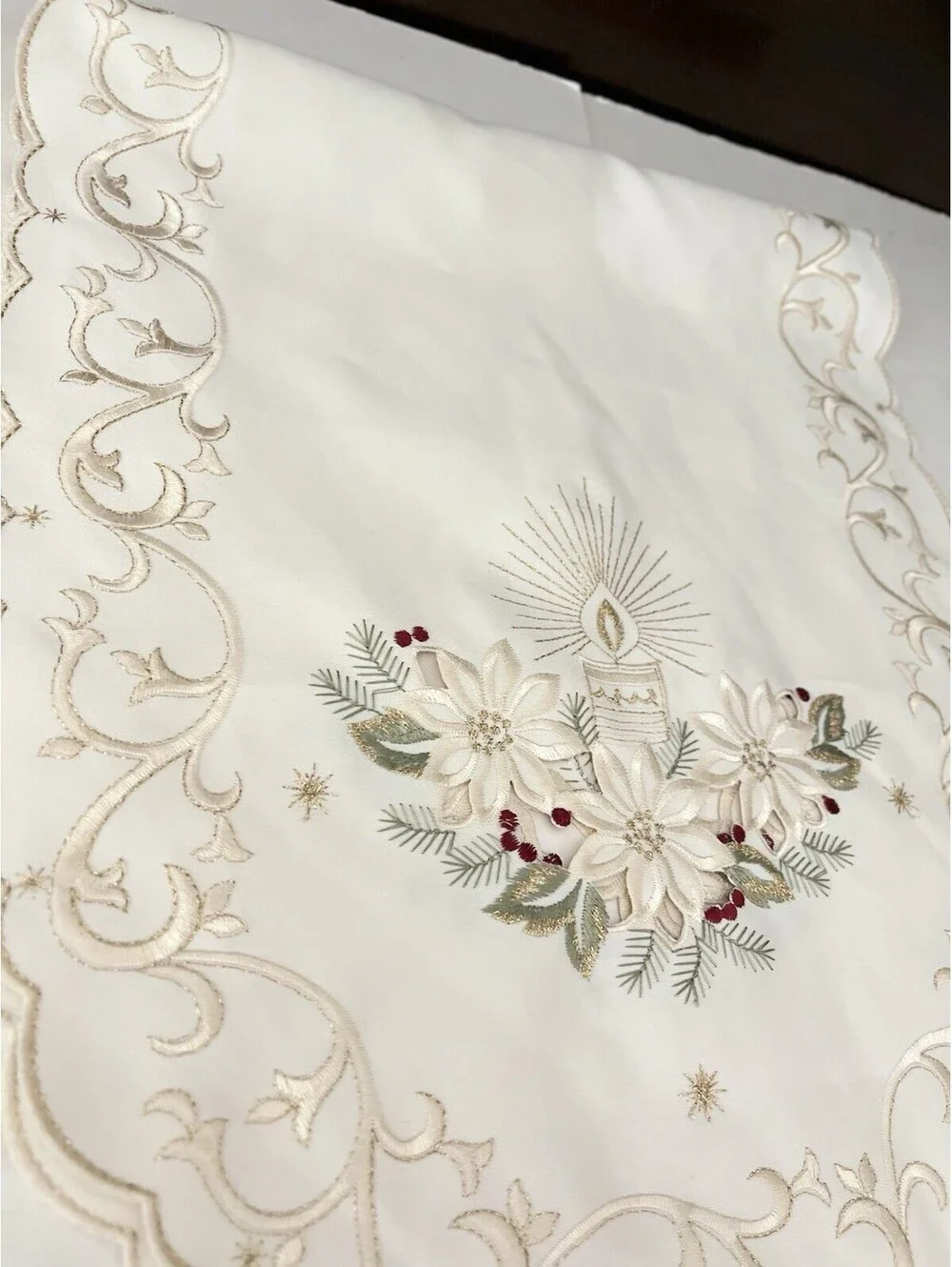 Vintage Table Runner Embroidered With Beautiful Gold Thread Candle Flower 34x14